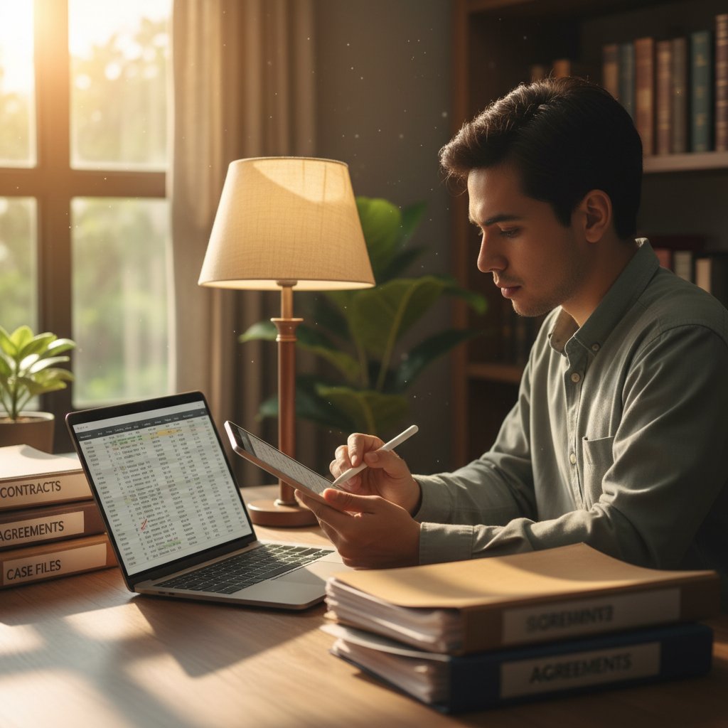 Osoba odhaczająca checklistę, laptop, dokumenty prawnicze, egzamin radcowski online