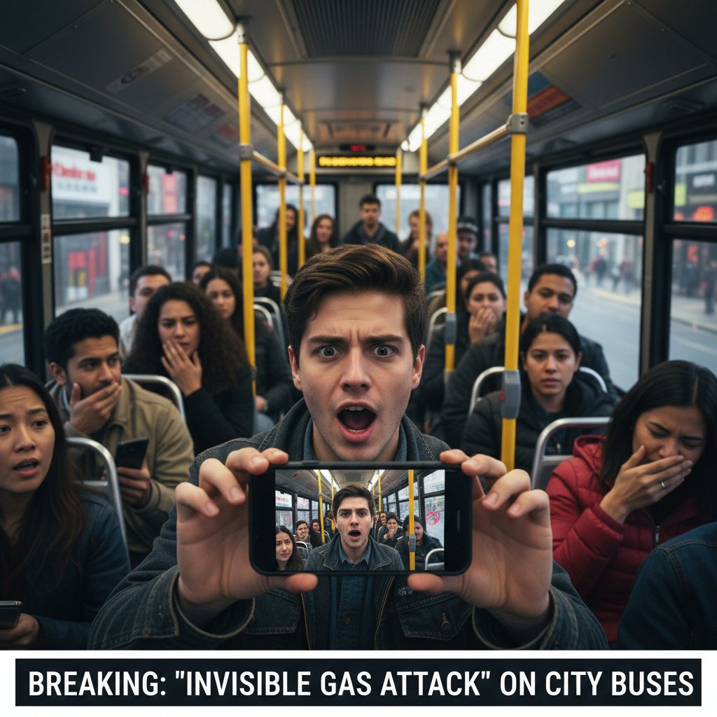 Młoda osoba przeglądająca TikToka w zatłoczonym autobusie, na ekranie viralowy fake news