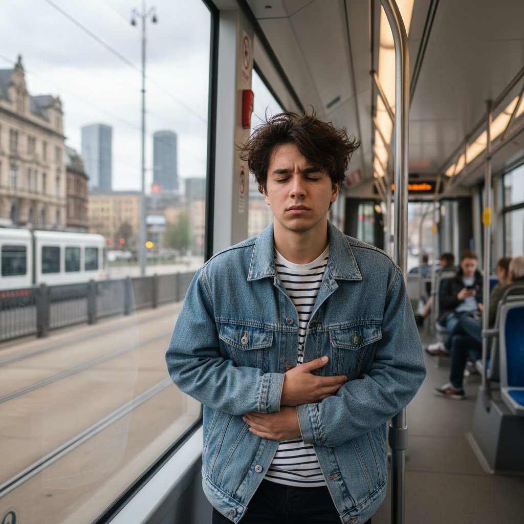 Młoda osoba w polskim tramwaju, trzymająca się za brzuch i starająca się uśmiechnąć, miejskie tło, objawy choroby Crohna