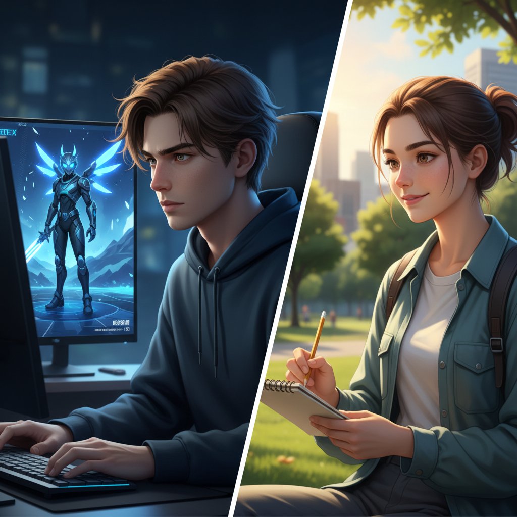 Młoda osoba patrząca na dwa ekrany — jeden z jej zdjęciem, drugi z cyfrowym avatarem