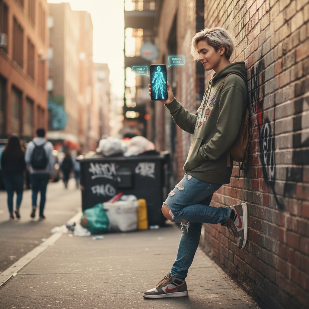 Junge Person im städtischen Umfeld chattet mit einer virtuellen Begleiterin auf dem Smartphone, Gesichtsausdruck entspannt