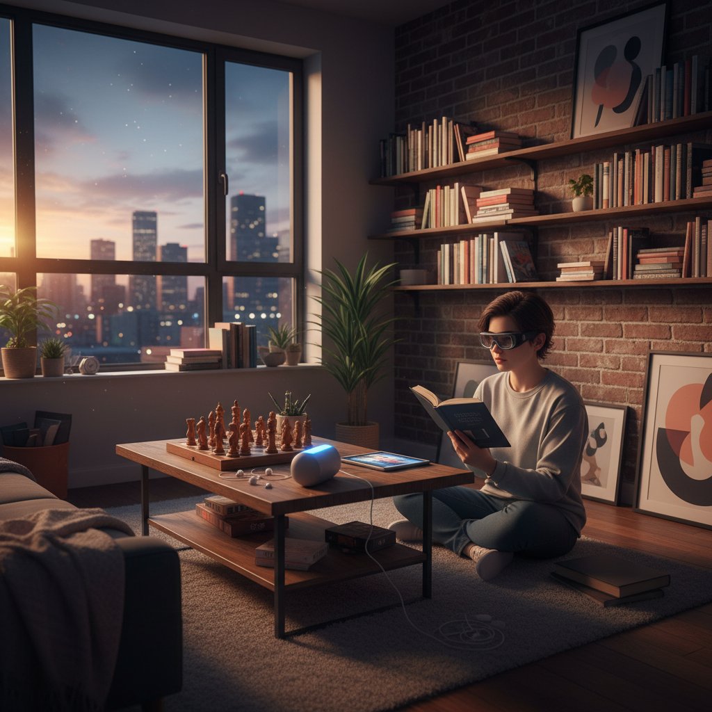 Osoba intensywnie pracująca nad zadaniem w industrialnym mieszkaniu z elementami technologii i książkami, atmosfera skupienia