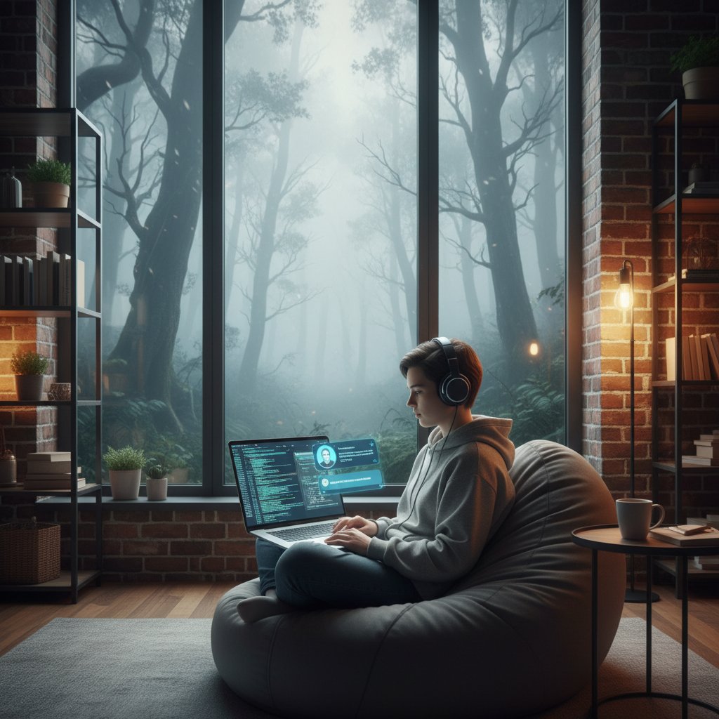 Młoda osoba relaksująca się z chatbotem AI w miejskim mieszkaniu, ekran laptopa świeci, za oknem zamglony las