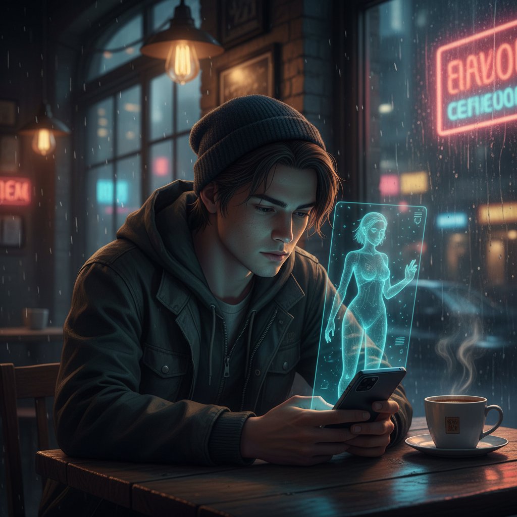 Junger Erwachsener allein mit Smartphone in einem spärlich beleuchteten Café, KI-Projektion auf dem Tisch