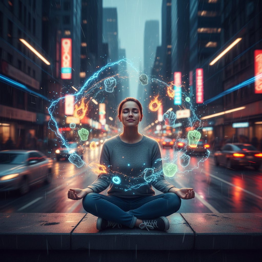 Młoda osoba w miejskim chaosie, szukająca równowagi psychicznej wśród tłumu