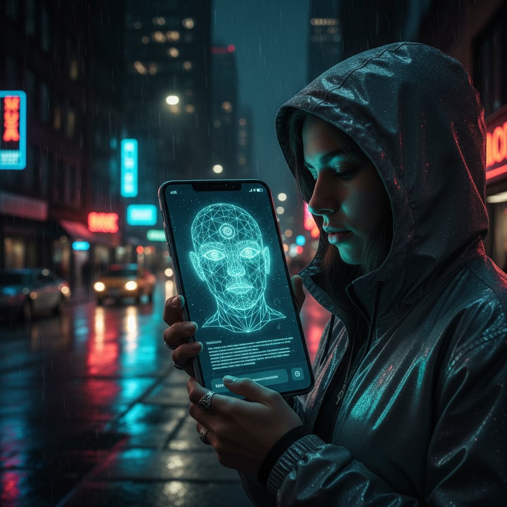 Osoba pisząca na laptopie w miejskiej kawiarni, z boku widoczny ekran z oknem czatu AI, atmosfera nocna i refleksyjna