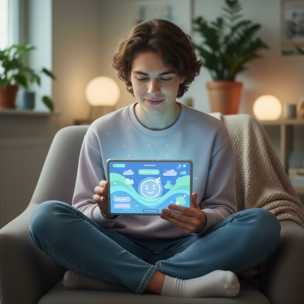 Młoda osoba korzystająca z aplikacji AI do wsparcia emocjonalnego, redukcja stresu