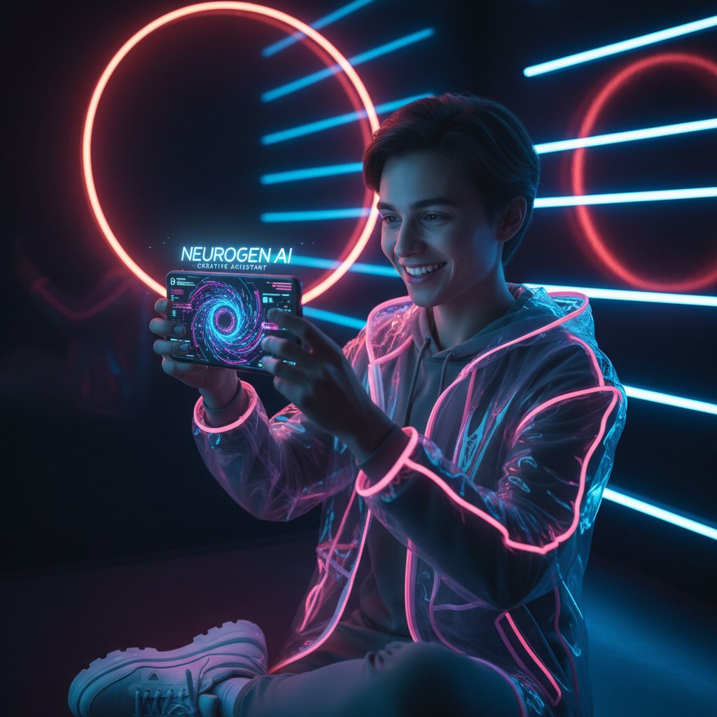 Młoda osoba korzystająca z aplikacji AI na smartfonie, pozytywna atmosfera, światło neonowe