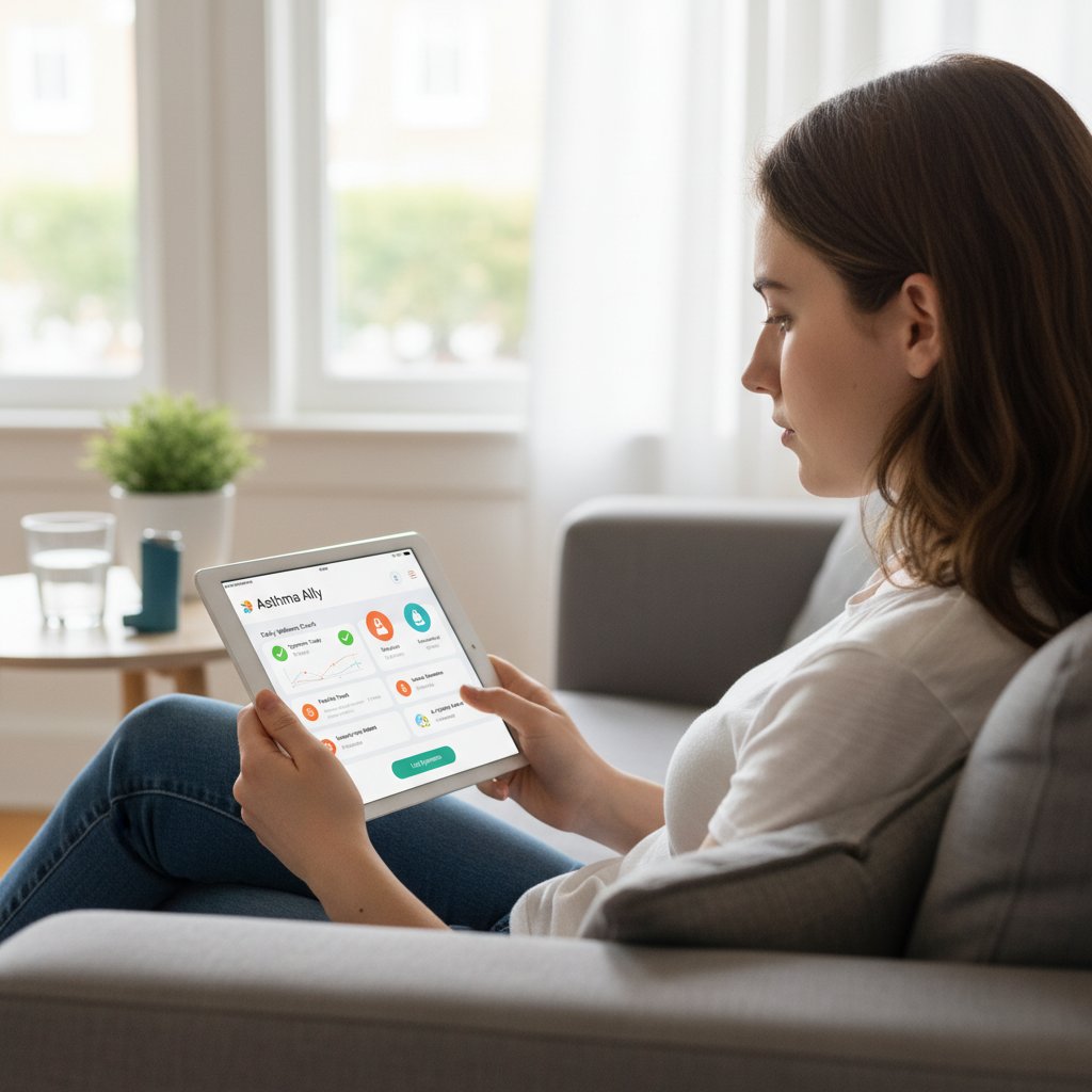Młoda osoba korzystająca z aplikacji do monitorowania astmy – wsparcie AI w leczeniu