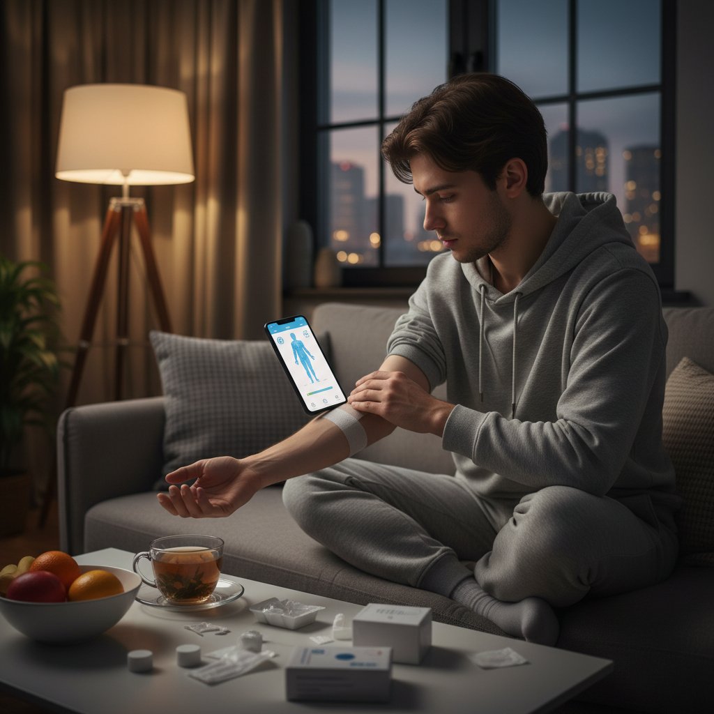 Młoda osoba korzystająca z aplikacji medyk.ai wieczorem w domu