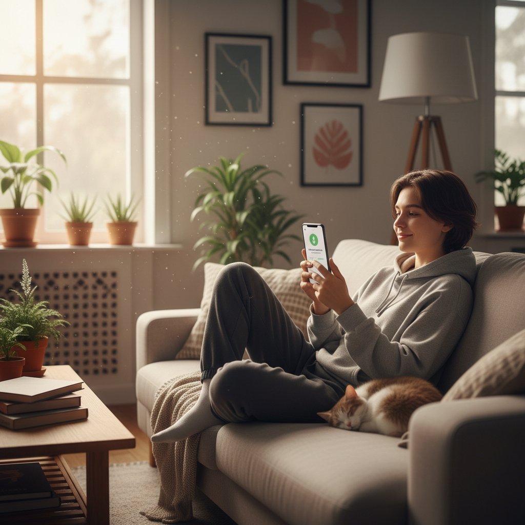 Młoda osoba korzystająca z aplikacji zdrowotnej w smartfonie w domu, zrelaksowana atmosfera