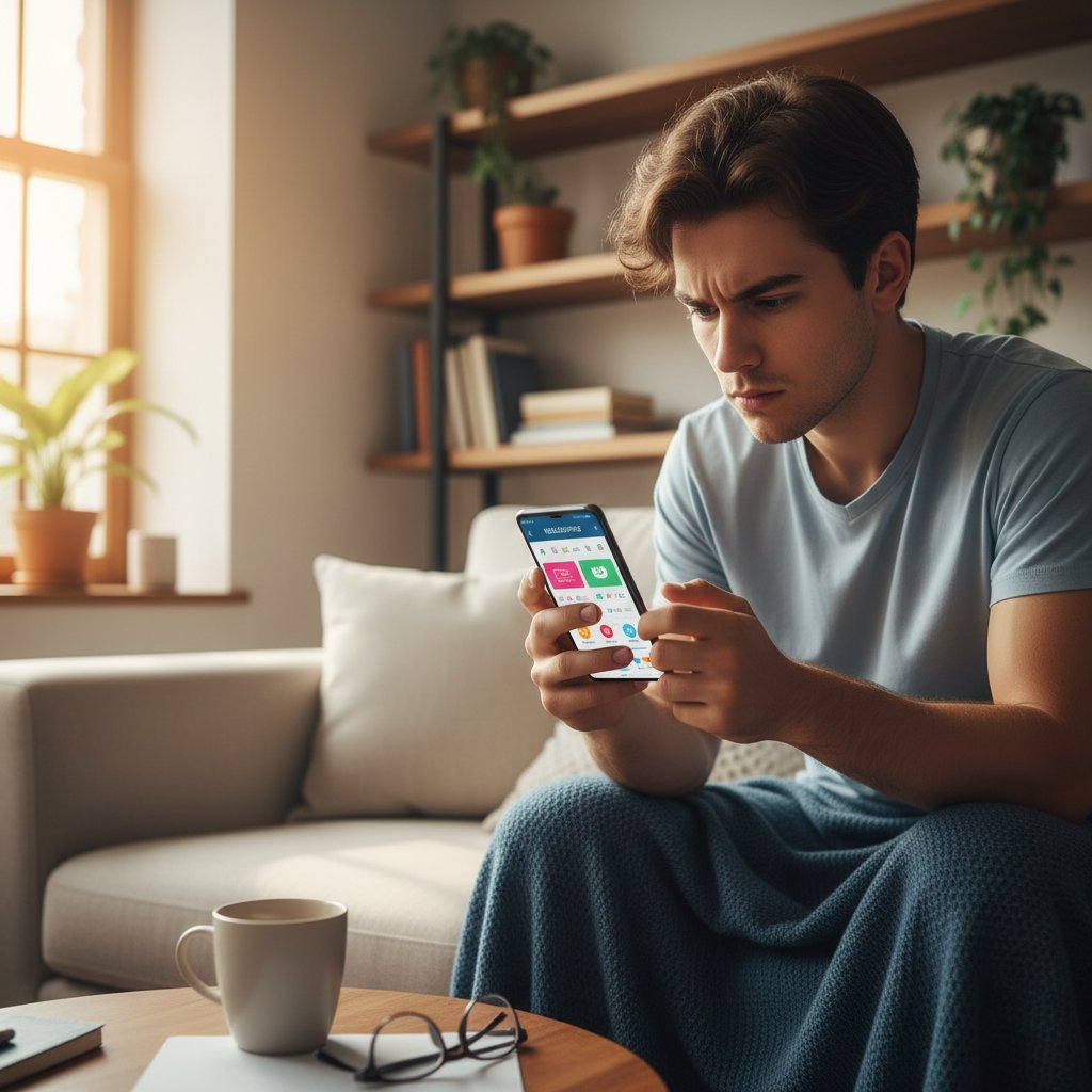 Młoda osoba korzystająca z aplikacji mobilnej medycznej, skupiona na ekranie, wnętrze domu