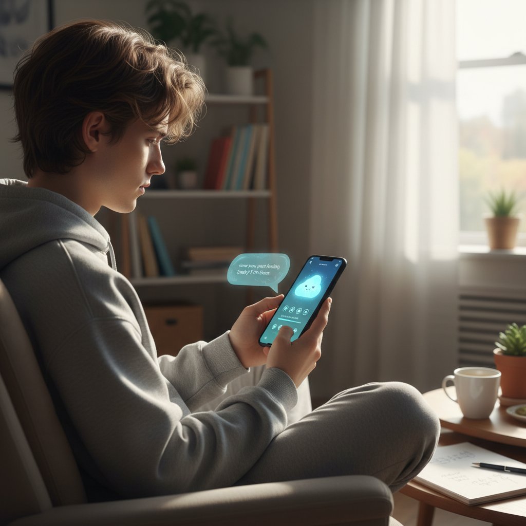 Młoda osoba rozmawiająca z asystentem AI na smartfonie, symbol wsparcia cyfrowego