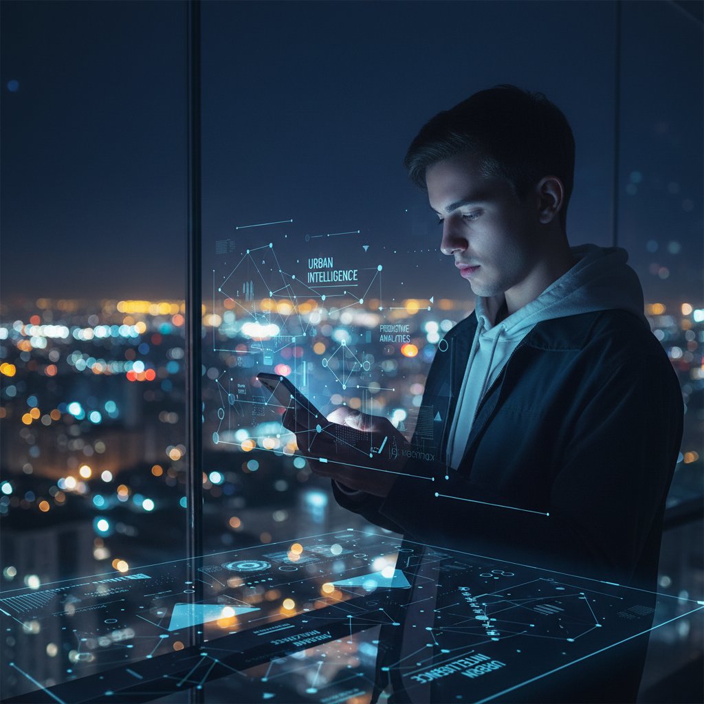 Realistyczna scena: młody człowiek korzysta ze smartfona, algorytm AI analizuje dane w tle, miejskie światła