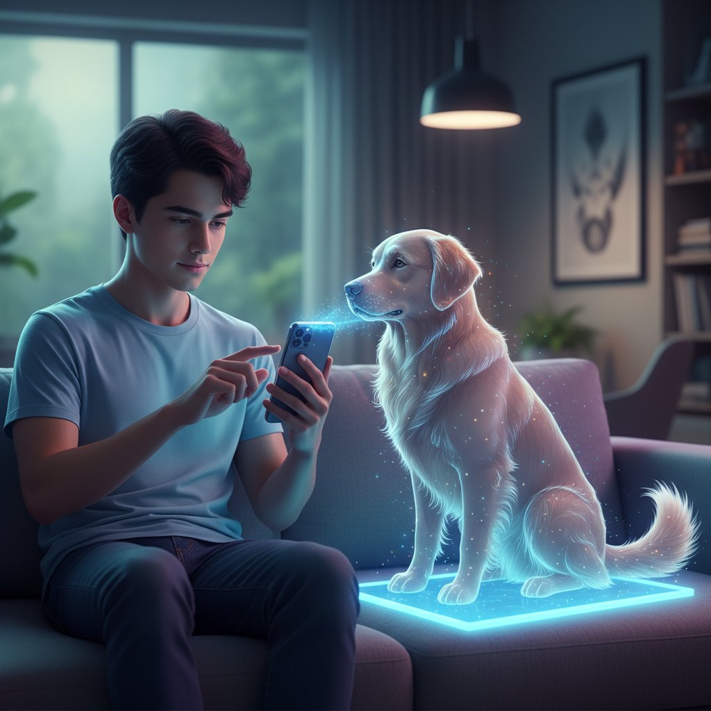 Młody człowiek korzystający z aplikacji z realistycznym psem AI na smartfonie – symulacja zachowań psa