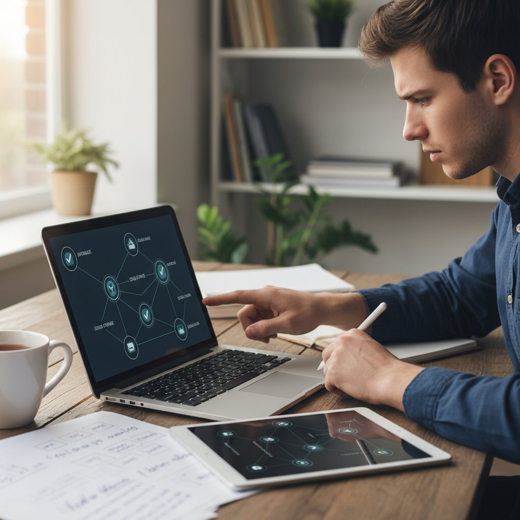 Młoda osoba sprawdzająca wiarygodność źródeł o tappingu na laptopie