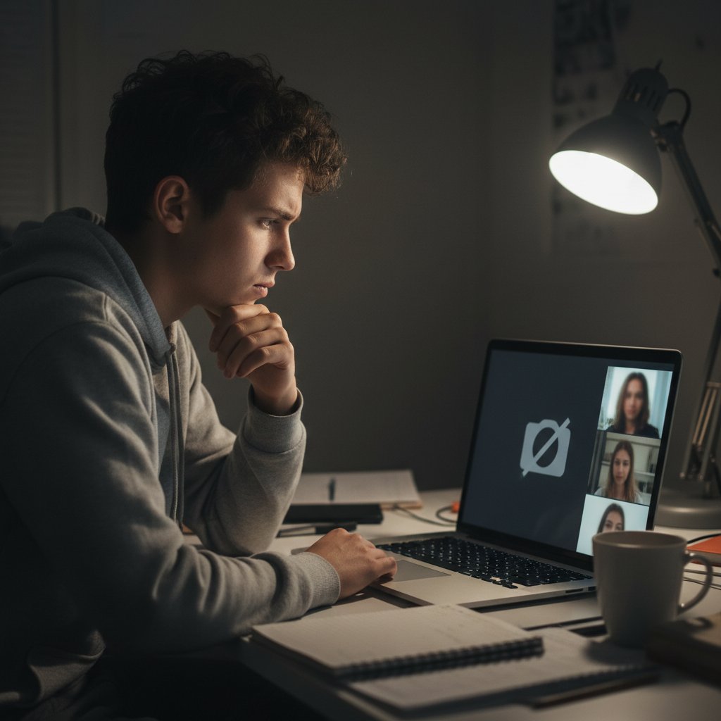 Młoda osoba na wideoczacie z wyłączoną kamerą, brak sygnałów niewerbalnych w rozmowie online