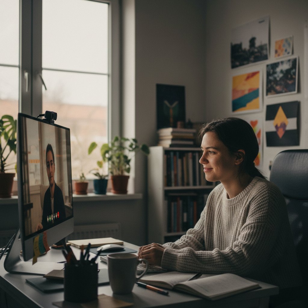 Młoda osoba rozmawia przez kamerę internetową, komfortowe wnętrze, atmosfera domowej izolacji