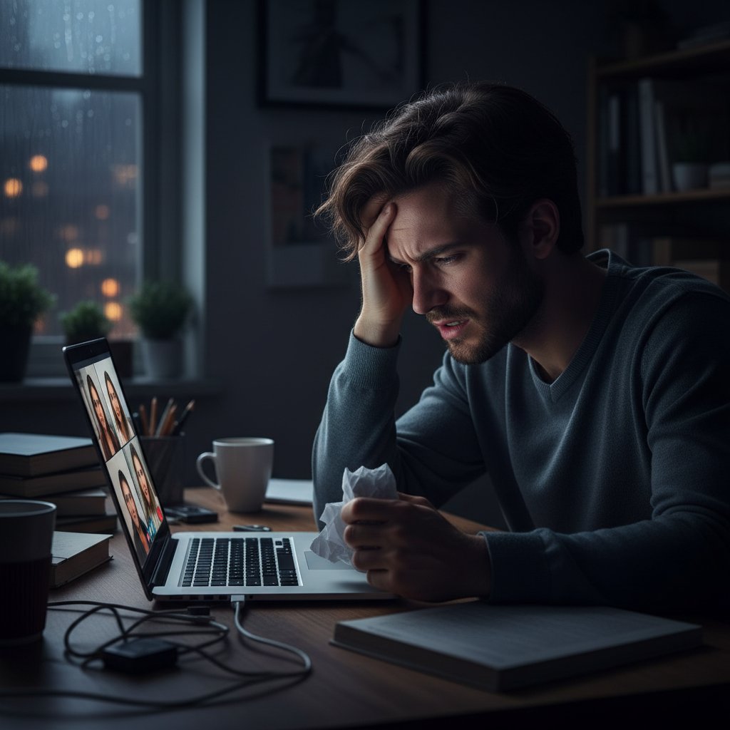 Młoda osoba sfrustrowana podczas wideorozmowy, stres rozmowy online, ciemne tło, widoczne emocje