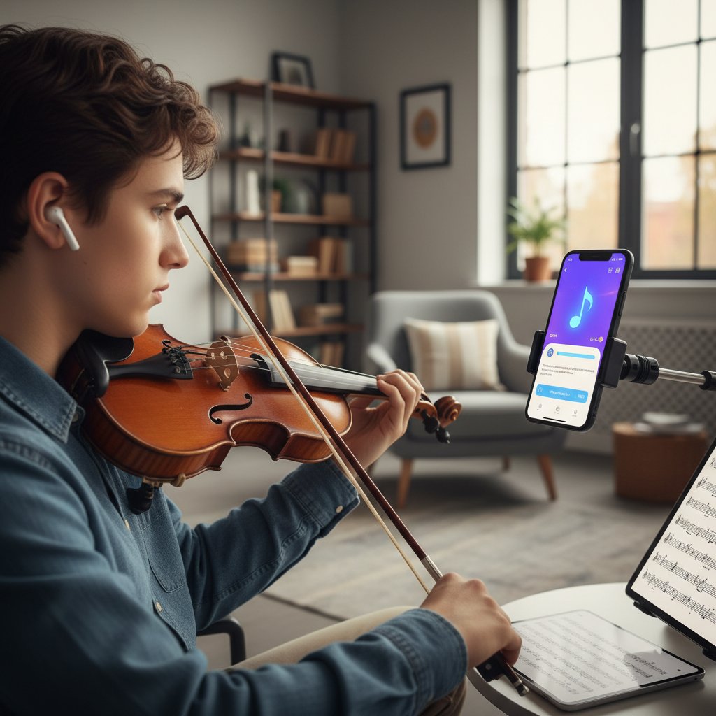 Młoda osoba z telefonem i skrzypcami, korzystająca z aplikacji edukacyjnej