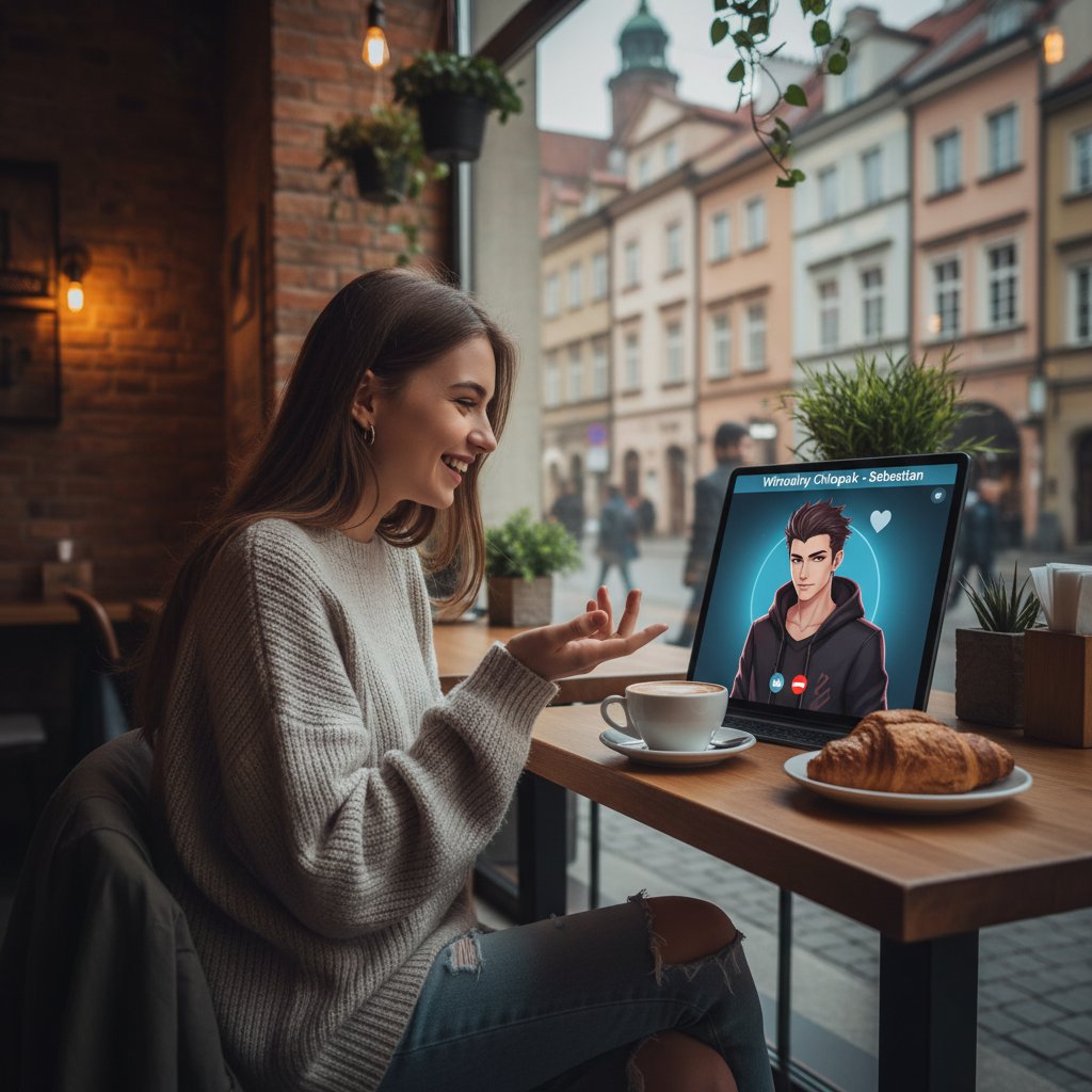 Ilustracja młodej osoby korzystającej z symulatora chłopaka w kawiarni w Warszawie