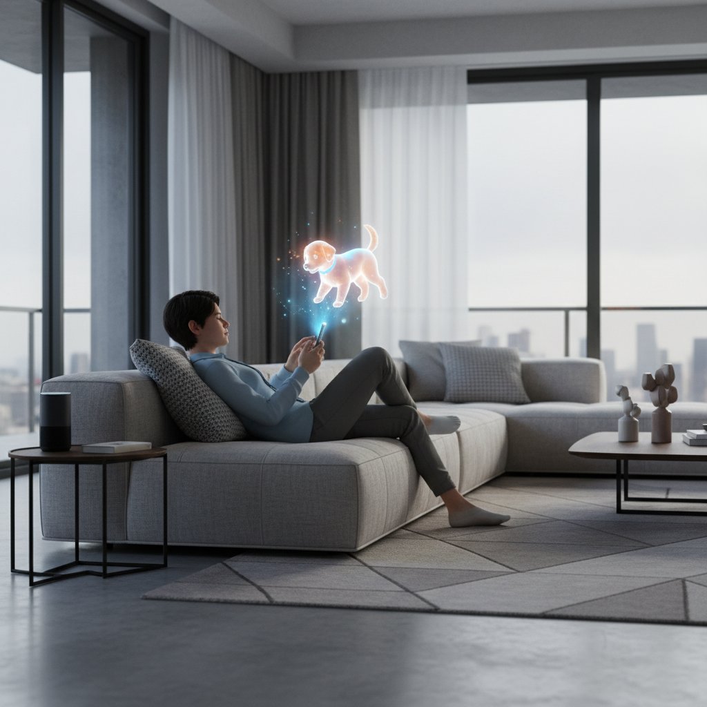 Młoda osoba rozmawiająca z wirtualnym psem AI na ekranie smartfona, nowoczesny salon