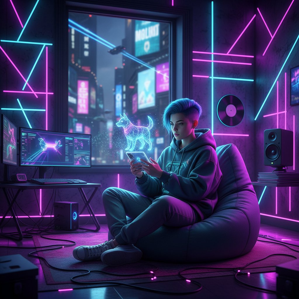 Młoda osoba siedzi na łóżku, bawi się wirtualnym psem na smartfonie, otoczona neonowymi światłami i gadżetami – obraz pokolenia Z z cyfrowym pupilem