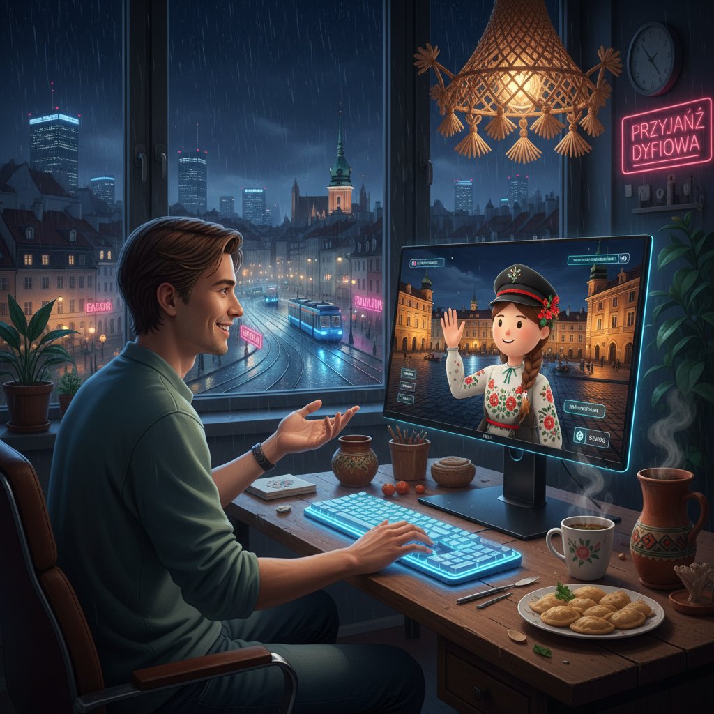 Młoda osoba rozmawiająca z wirtualnym kumplem na tle nocnego miasta, z widocznymi elementami polskiej popkultury