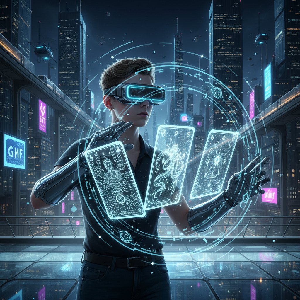 Symbolfoto: Junger Mensch mit VR-Brille, umgeben von leuchtenden digitalen Symbolen und Tarotkarten in 3D – Zukunft der Wahrsagerei