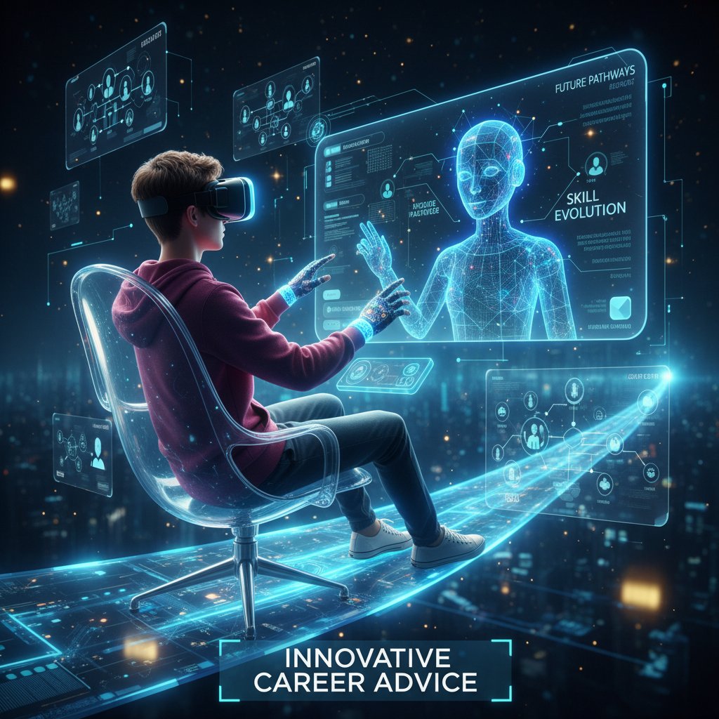 Młoda osoba w goglach VR, cyfrowe środowisko kariery, innowacyjne doradztwo online