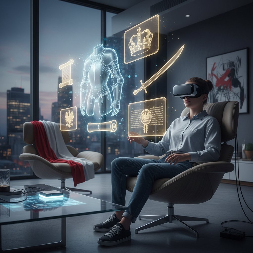 Młoda osoba z goglami VR odkrywająca cyfrowe artefakty historyczne w nowoczesnym wnętrzu, z polską flagą w tle