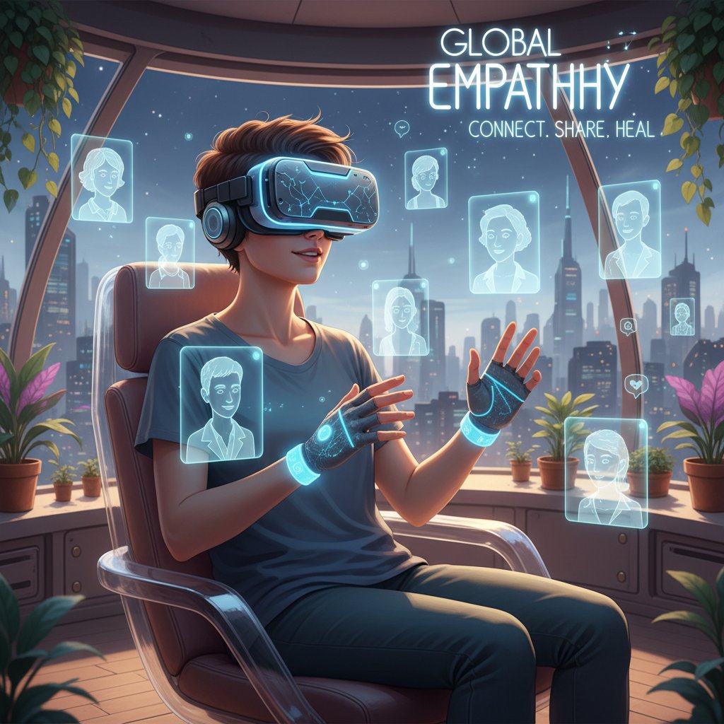 Młoda osoba korzystająca z gogli VR, symbolizująca przyszłość relacji społecznych i wsparcia emocjonalnego