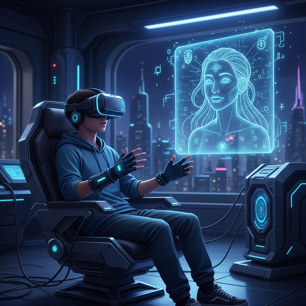 Zdjęcie: młody człowiek w słuchawkach VR, rozmawiający z AI – trendy online