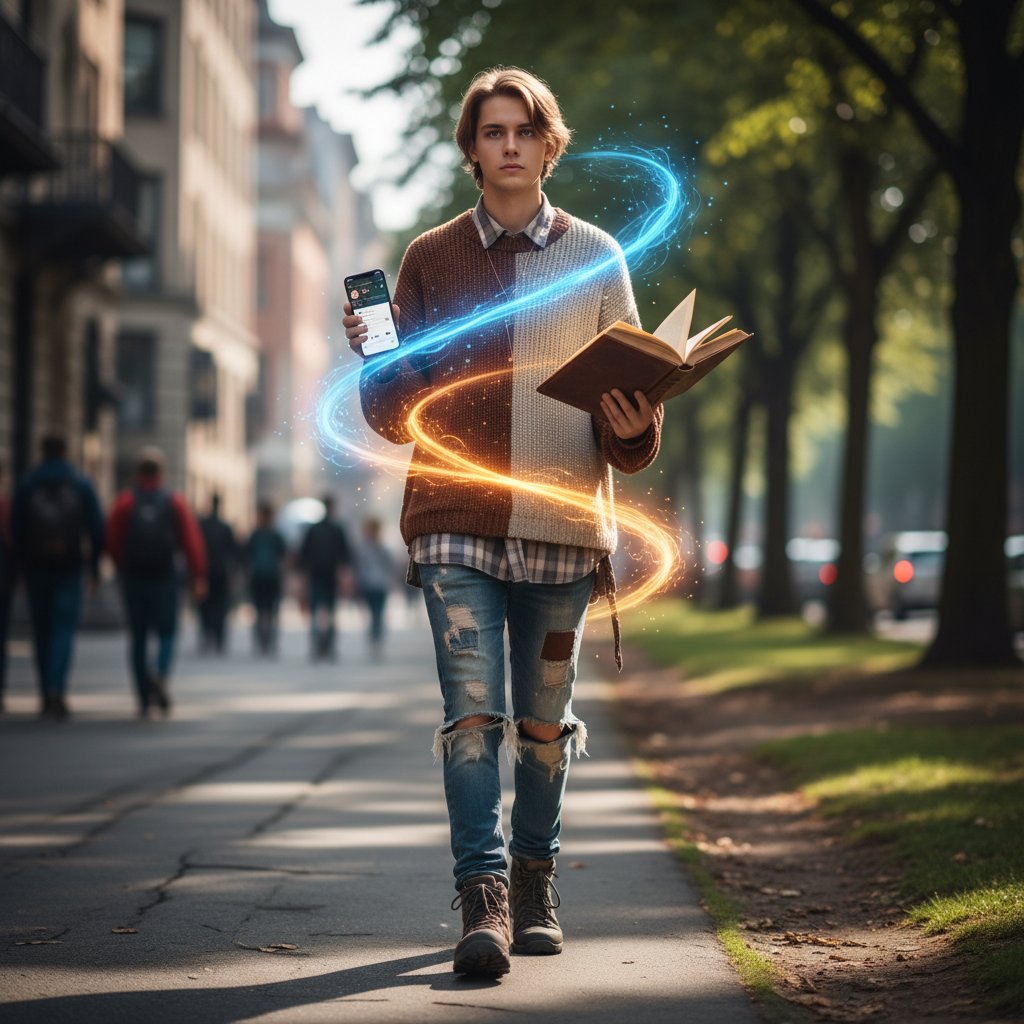 Młoda osoba spaceruje z telefonem w ręku, zachowując równowagę między online i offline