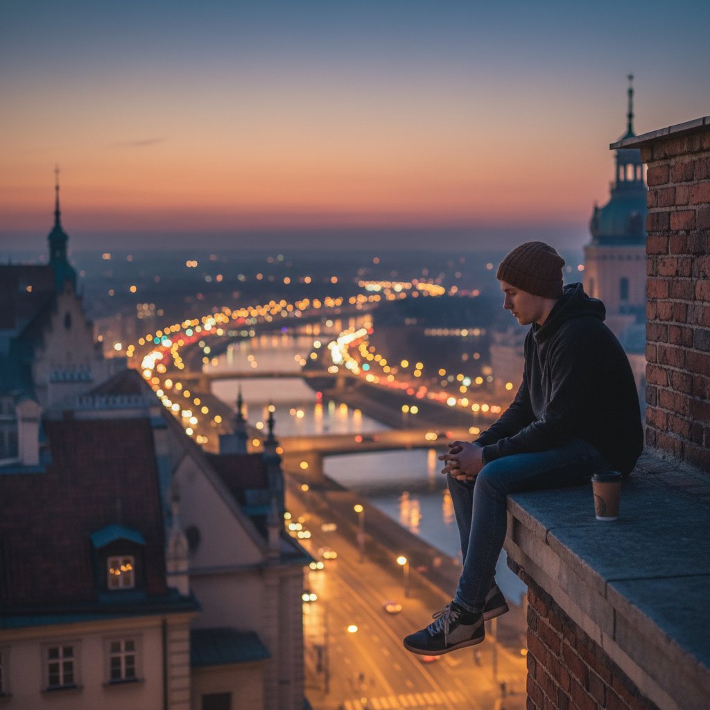 Młoda osoba siedząca samotnie na dachu w Warszawie o zmierzchu, z widokiem na miasto i zamyśloną miną – obrazująca samotność i niezrozumienie emocji