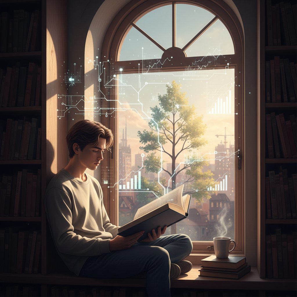 Młody człowiek patrzący przez okno z książką WOS w ręku, symbolizujący refleksję i rozwój