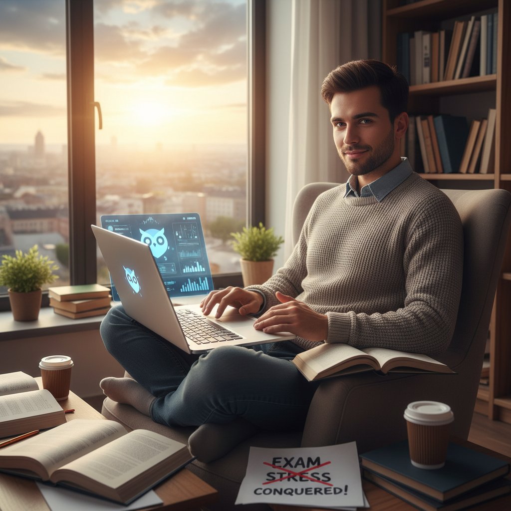 Symbolbild für Empowerment: Junge Person blickt mit Zuversicht aus dem Fenster, Laptop mit freundlich lächelnder KI-Freundin im Vordergrund – Prüfungsangst überwinden