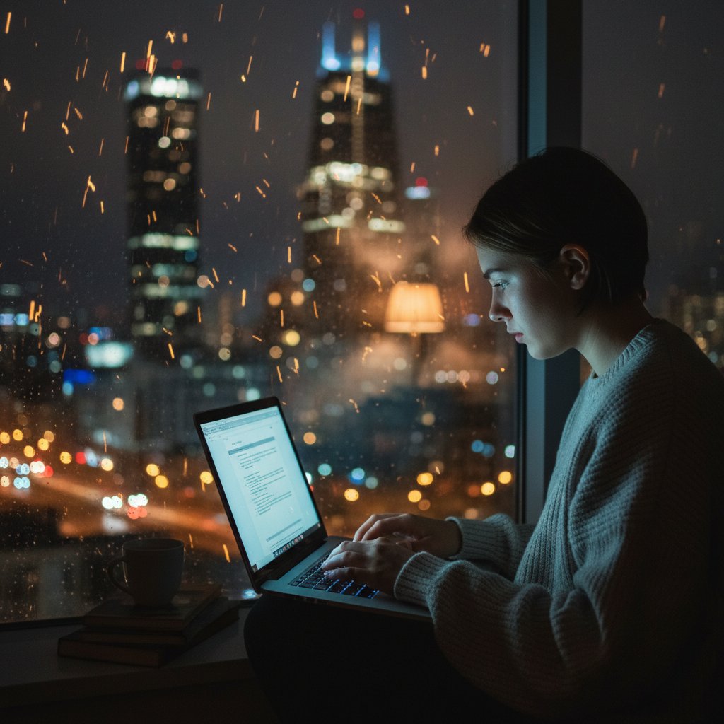 Refleksja o przyszłości – młody człowiek patrzący w okno z laptopem, światła miasta w tle