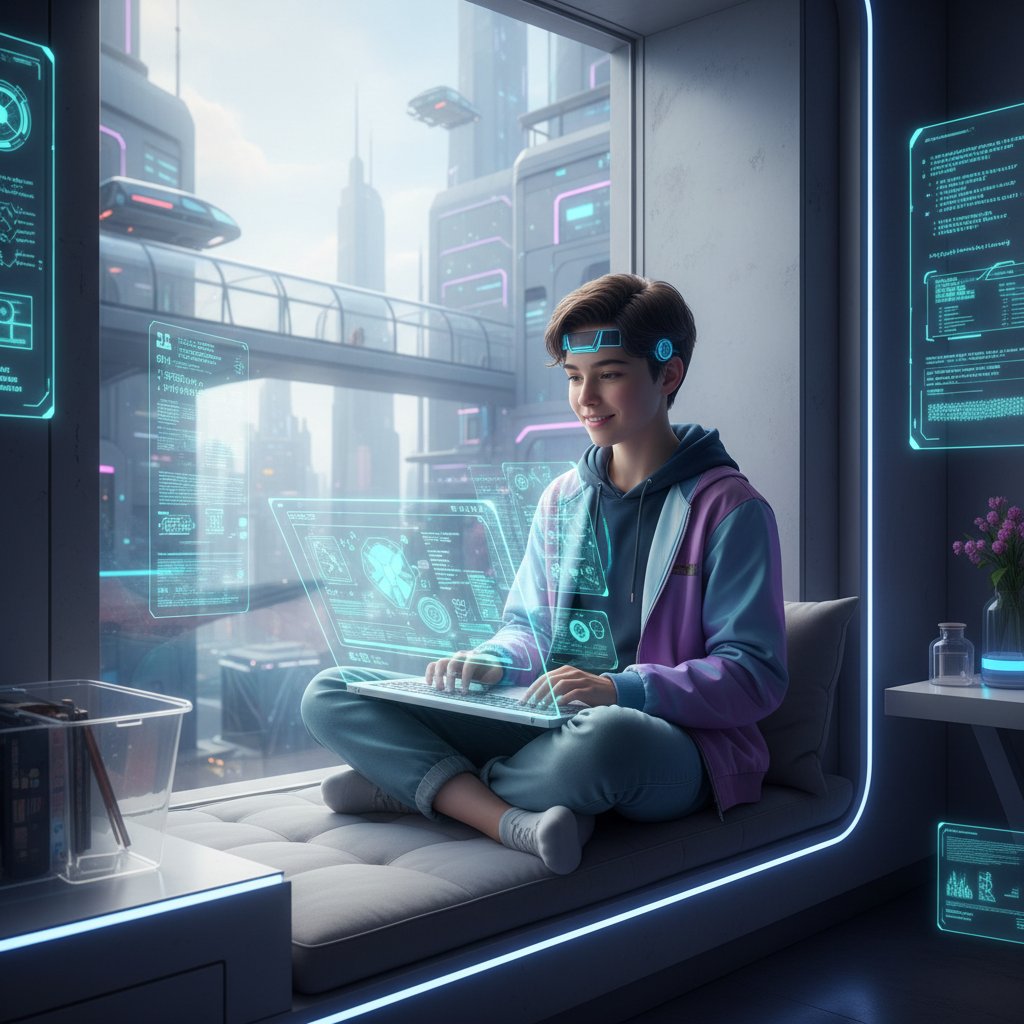 Symboliczna fotografia: młody człowiek patrzący przez okno z laptopem na kolanach – przyszłość indywidualnej nauki online