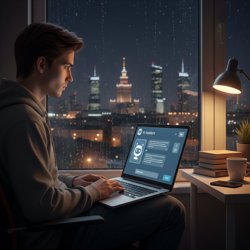 Młoda osoba patrzy przez okno na nocną Warszawę, obok laptop z otwartą rozmową z AI