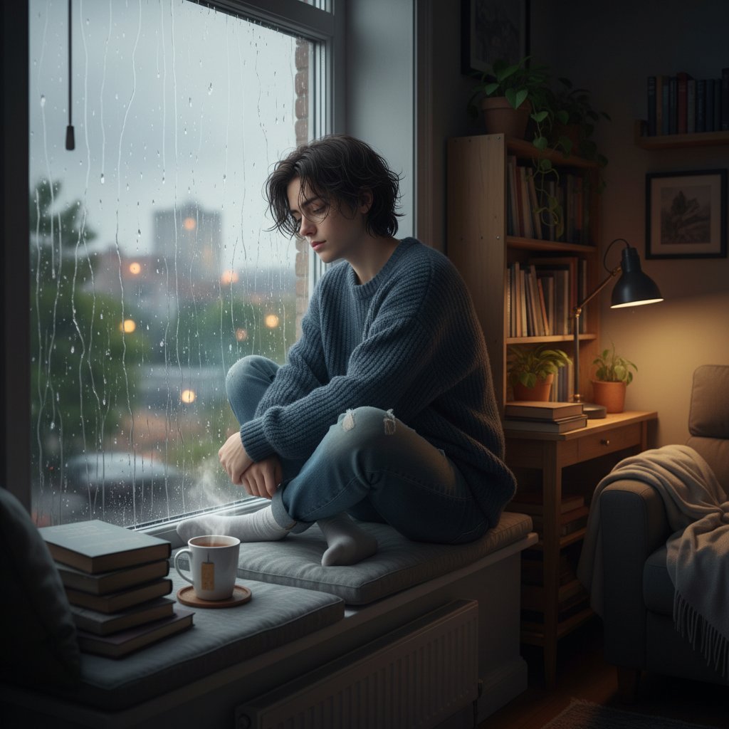 Młoda osoba patrząca przez okno w pochmurny dzień, obrazująca statystyki pustki w Polsce