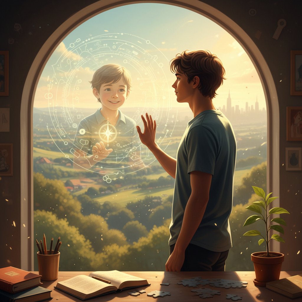 Młoda osoba patrząca przez okno z wyrazem refleksji na twarzy, indywiduacja, samopoznanie, nadzieja