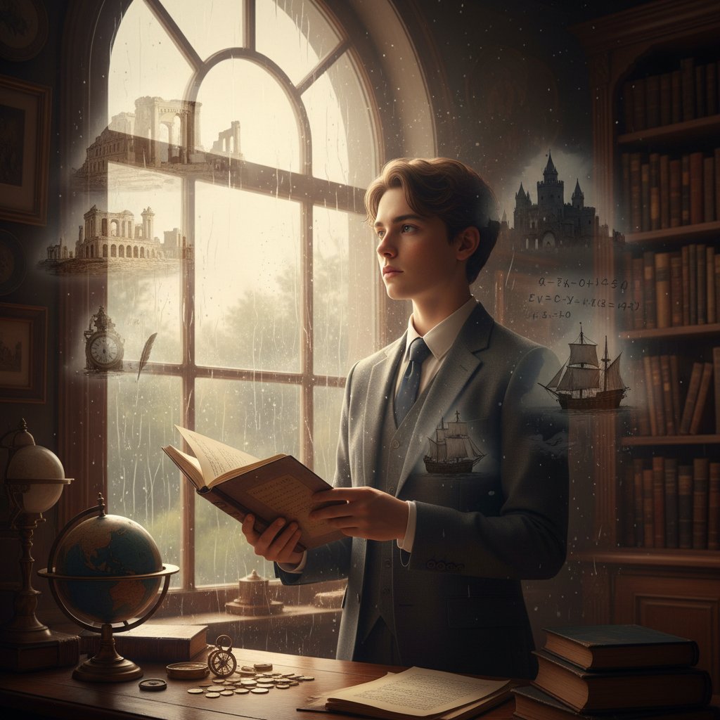 Młody człowiek patrzący przez okno, zamyślony, planujący przyszłość z historią