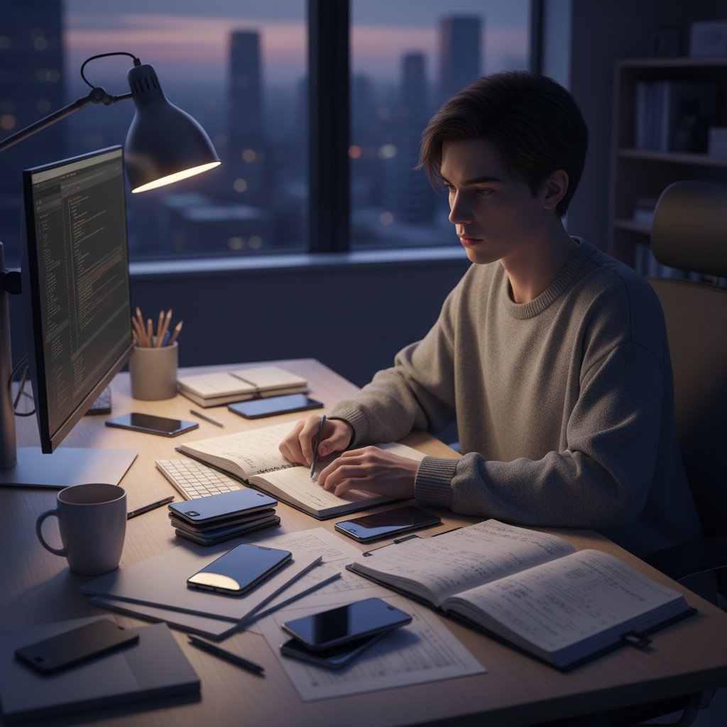Młoda osoba pracująca przy biurku z rozrzuconymi smartfonami i papierowymi planerami, symbolizująca chaos cyfrowy w polskim biurze