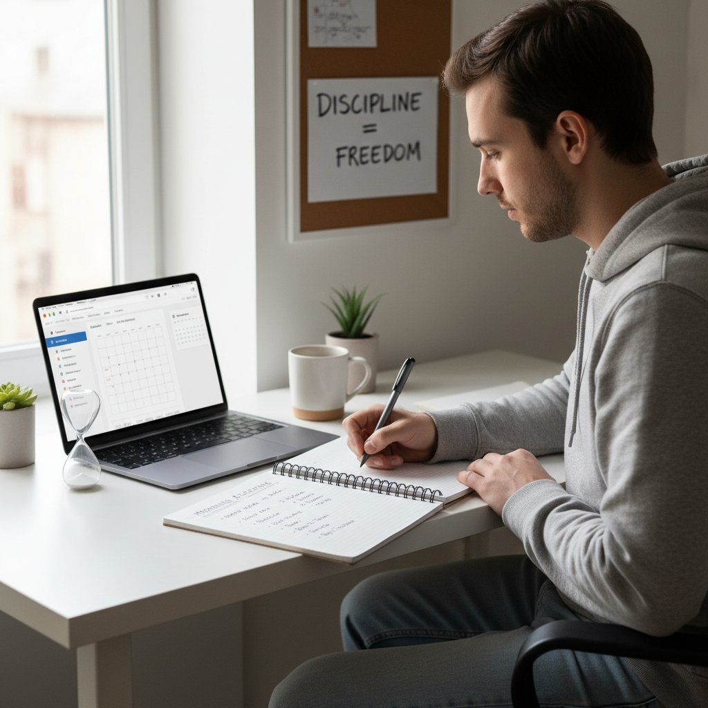 Młody człowiek rozpisujący checklistę na kartce i laptopie – wdrożenie systematyczności