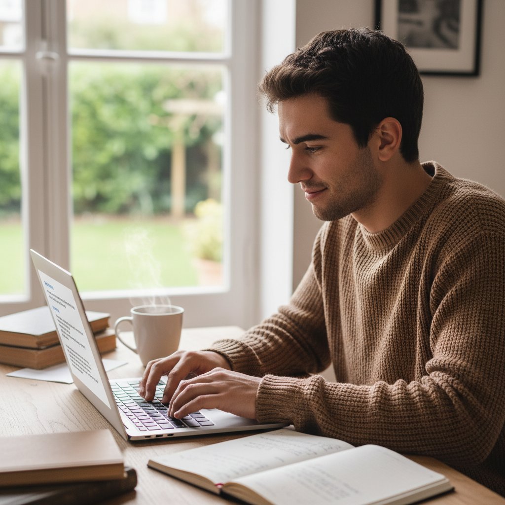 Młoda osoba pisząca wiadomość do potencjalnego mentora na komputerze, koncentracja i autentyczność