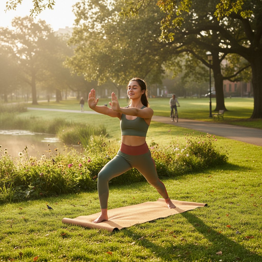 Junge Person praktiziert Yoga im Park, frische Morgenluft, Sonnenaufgang, – Energie tanken Natur