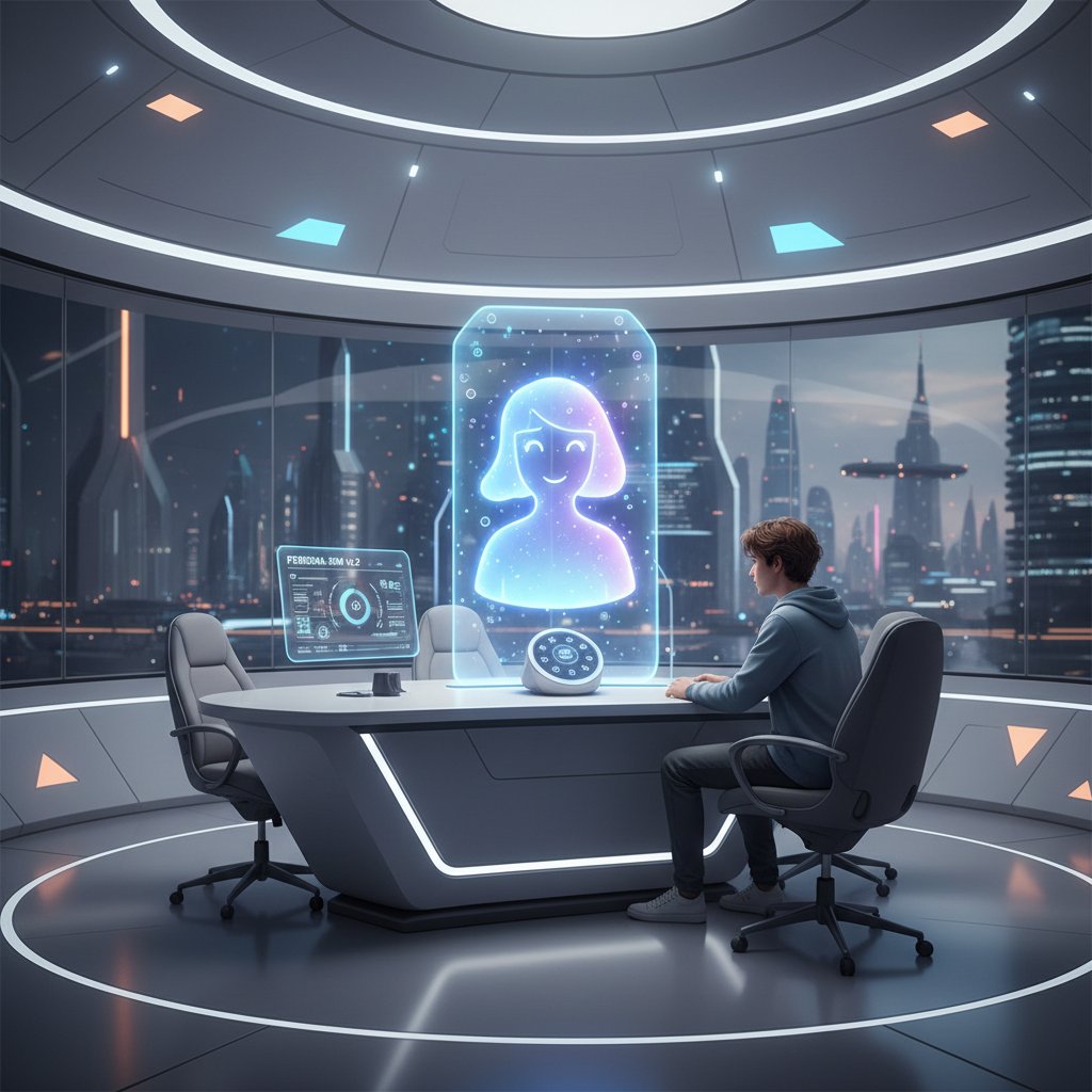 Młoda osoba rozmawiająca z ekranem, na którym symulowana postać AI prowadzi konwersację