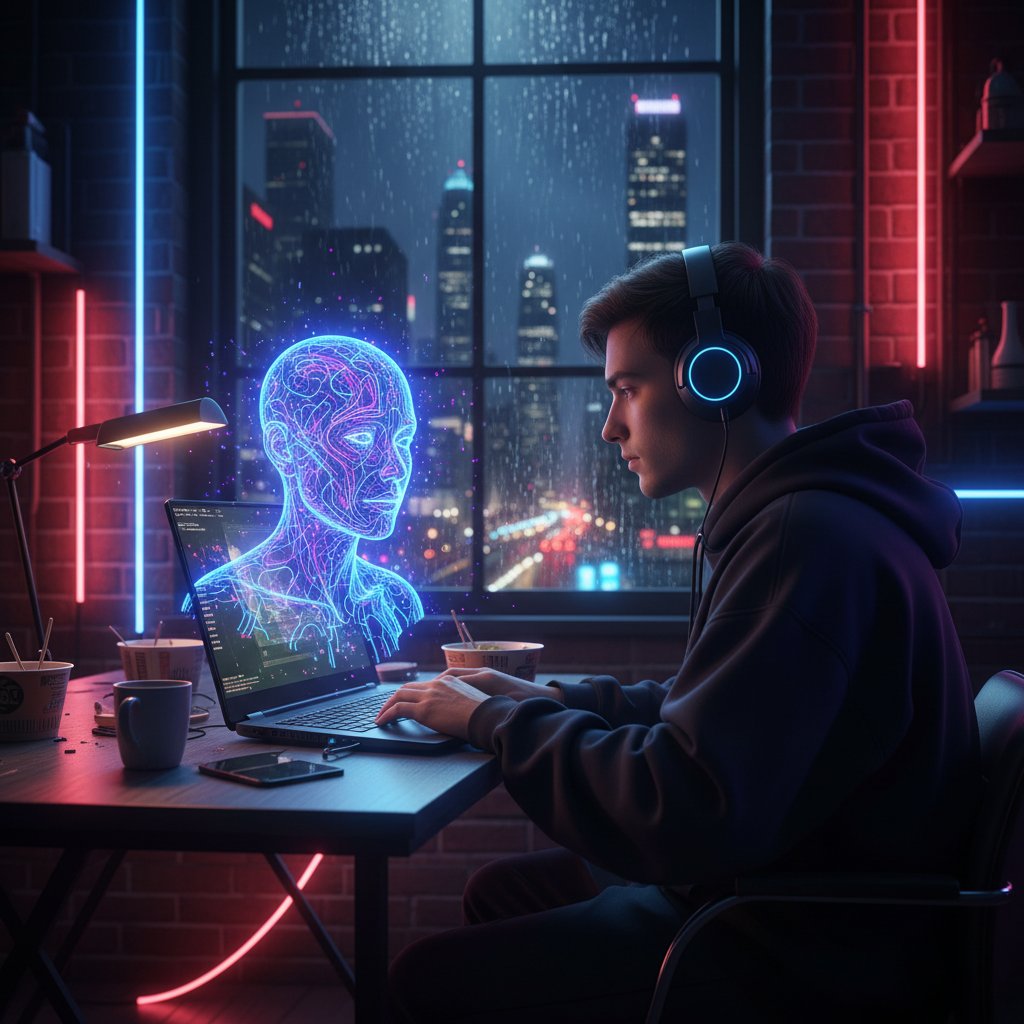 Osoba samotna nocą w neonowym pokoju rozmawia z AI na laptopie, symbol cyfrowej izolacji i łączności