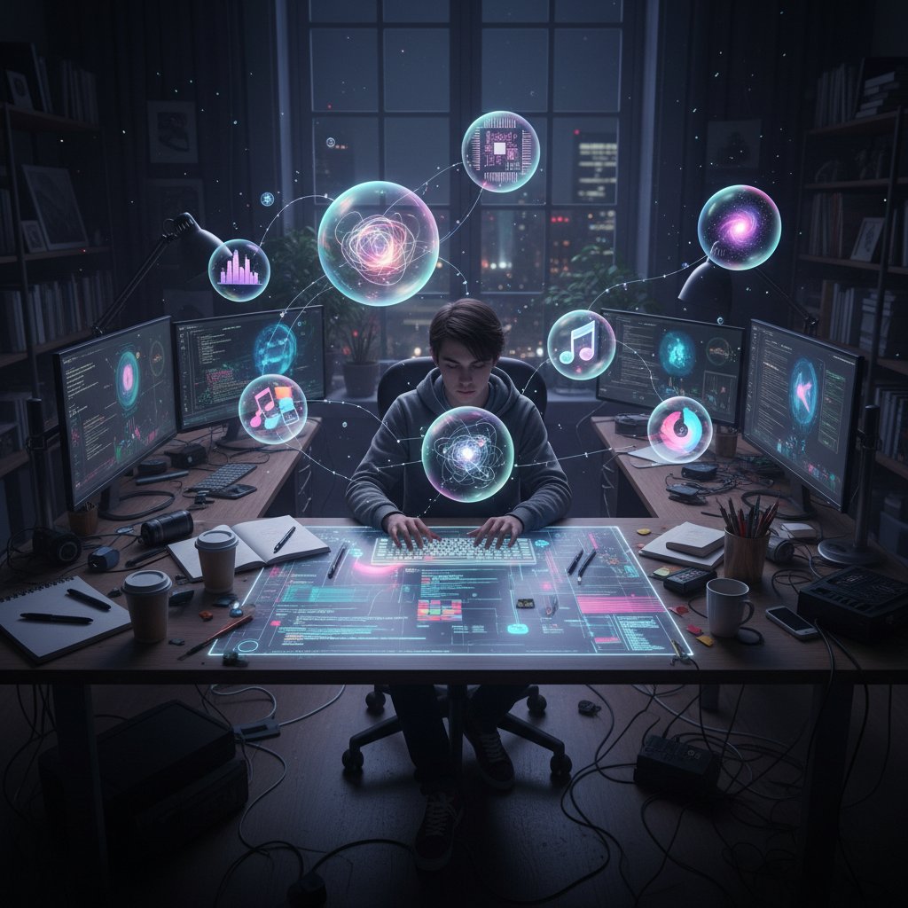 Osoba wymyślająca pomysły z pomocą AI w nocy.